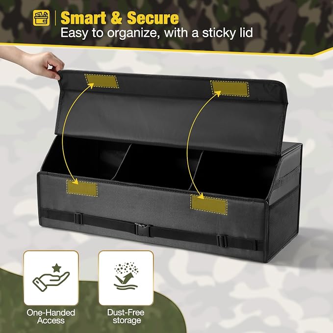 Fyzeoty Car Trunk Organizer for SUV and Sedan, Tactical‑Black, 29.5 in | Tactical & Aerospace Oxford, Extra‑Large, Hinged Lid, Collapsible & Adjustable, Water‑Resist & Dust‑Proof