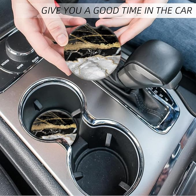 Cup Holder for Car,Black Gold Marble Print Ceramic Coasters Non-Slip Cup Holder Insert with Fingertip Grip, Auto Interior Accessories for Women & Men,Pack of 2, 2.56In