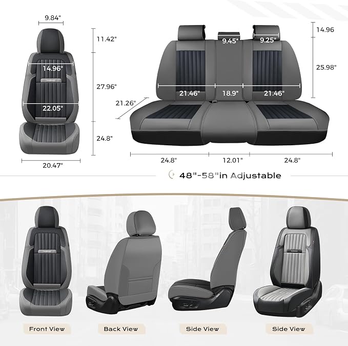 Coverado Car Seat Covers Full Set, Seat Covers for Cars, Car Seat Cover, Car Seat Protector, Leather Car Seat Cushion, Waterproof Car Seat Covers Front Seats and Back Fit for Most Cars(Gray&Black)