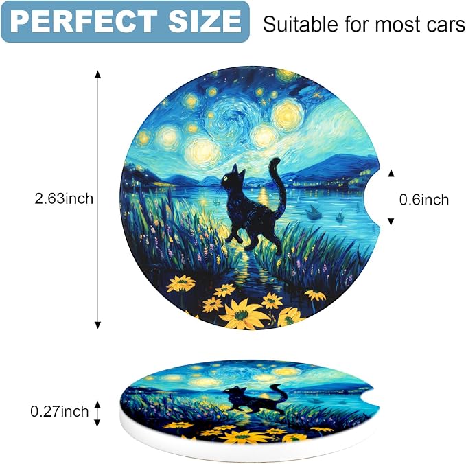 2 Pack Car Cup Holder Coaster, 2.63 inch Anti Slip Insert Absorbent Ceramic Car Coaster with Cork Base and Finger Notch, Cute Car Accessories Interior for Women, Cute Car Coasters.