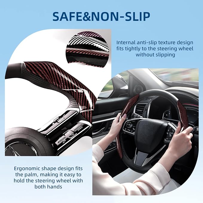 Carbon Fiber Steering Wheel Cover 2PCS Segmented Clip-on Protector (Brown) | Universal Fit, Anti-Slip Lining, Sporty Style, Car Interior Accessory for Men and Women