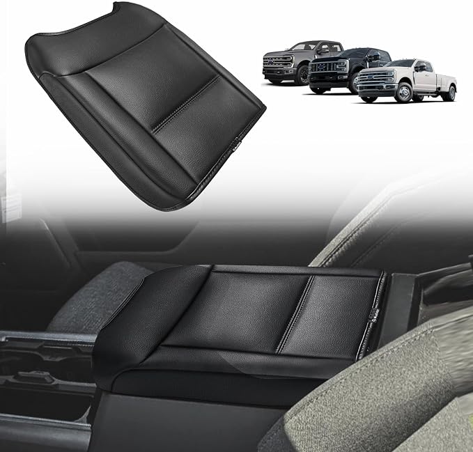 Muslogy Center Console Armrest Cover Fit for Ford F250 F350 F450 2023-2025 2026 Super Duty Accessories, Comfort Armrest Pad Console Lid Cushion Vegan Leather Regular Thick(Bucket Seat ONLY)
