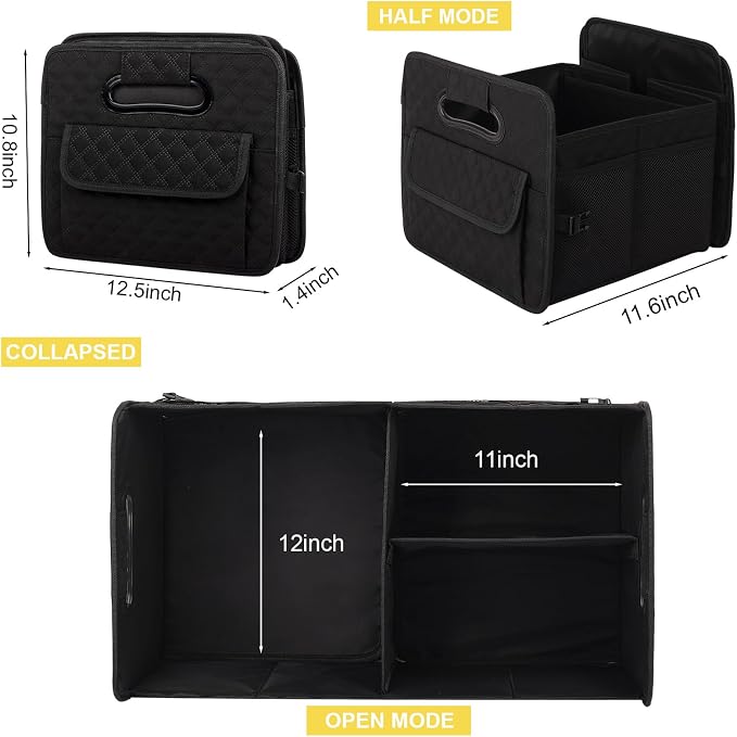 JiatuA Car Trunk Organizer for SUV, Car Storage Organizer Collapsible Multi Compartment Container Box, Adjustable Car Accessories for Women/Men, Black