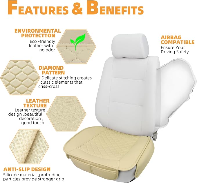 Elantrip 2 Pcs Faux Leather Beige Car Seat Covers with Padded Comfort and Storage Pockets Waterproof, Anti-Slip, Full Wrap Protection - Premium Interior Protectors for Cars, Trucks, SUVs