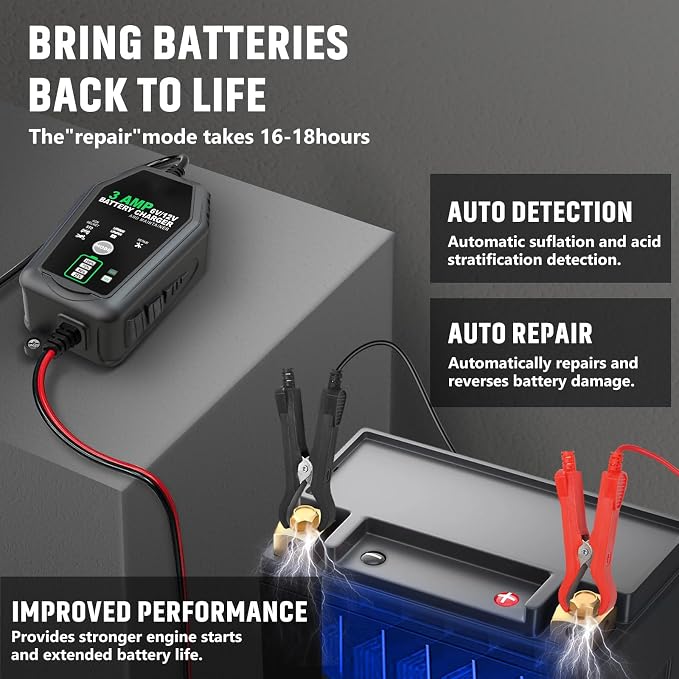 2 Pack 3 AMP Battery Charger, 6V/12V Battery Maintainer Trickle Chargers | Smart Battery Charger, Fully Automatic Battery Chargers for Car, Motorcycle, Boat, Lead-Acid, Lithium, LiFePo4 Batteries