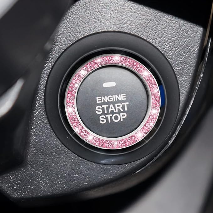 Car Bling Crystal Rhinestone Engine Start Ring Decals, 2 Pack Car Push Start Button Cover/Sticker, Key Ignition Knob Bling Ring, Sparkling Car Interior Accessories for Women (Pink)