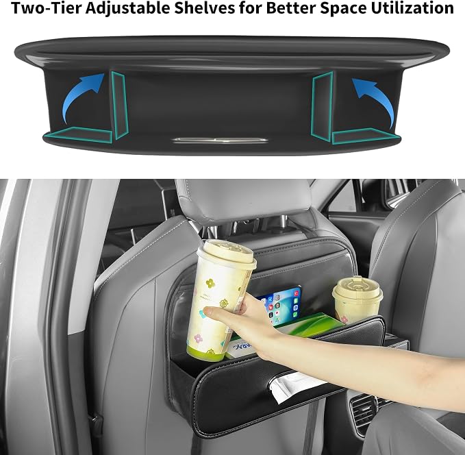 Back Seat Car Organizer with Tissue Holder and 2 Pack Cup Holders | Multifunctional Car Backseat Organizers and Storages with Transparent Bag & Hooks Universal Tissues Box for SUV Sedan Van