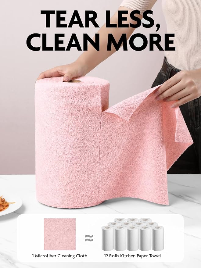 Fantasticlean Microfiber Cleaning Cloth Roll -75 Pack, 12" x 12" (Pink) | Reusable Alternative to Paper Towels, Ultra Absorbent, Lint-free Microfiber Towel Roll, for All-Purpose Cleaning