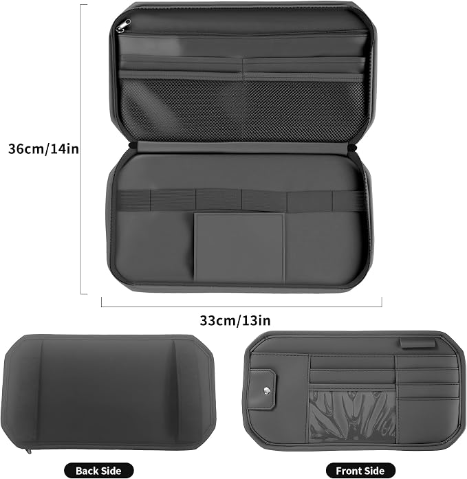 Car Sun Visor Organizer with Multi Pockets PU Leather Zipper Bag | Sunglass Holder with Elastic Straps and Glasses Clip Sunvisor Organizers Universal Fit for Trucks SUV Jeeps & Patrol Vehicles