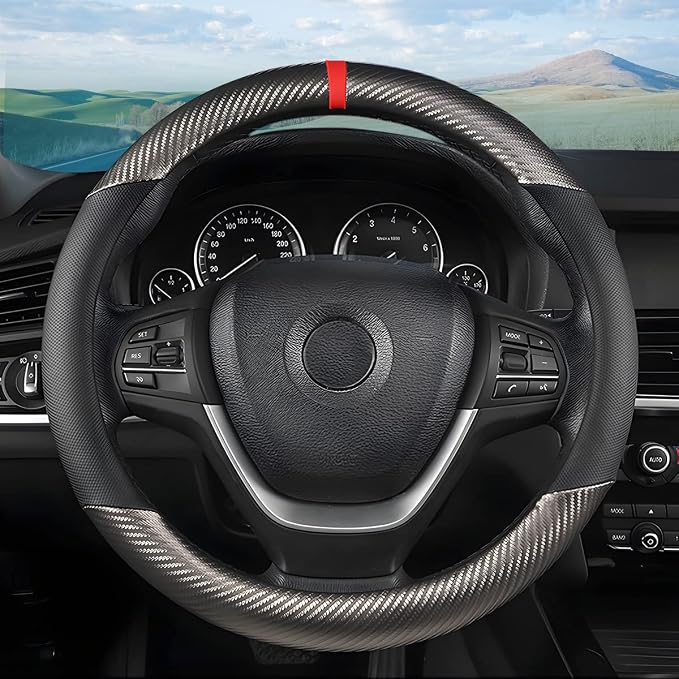 Osilly Car Steering Wheel Cover, 15 inch Anti-Slip Steering Wheel Protector, Carbon Fiber & Microfiber PU Leather Steering Wheel Cover for Women and Men, Universal Fit for Most Vehicles (Gray)