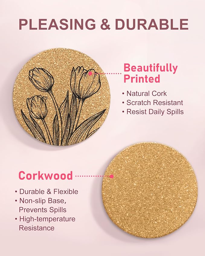 Swooflia Car Coasters for Women - Flower Cork Car Cupholder Coaster Cool Absorbent Mat Coaster with Cork Base 2 Pack Automotive Cup Holder Accessories New Driver Gifts for Decor