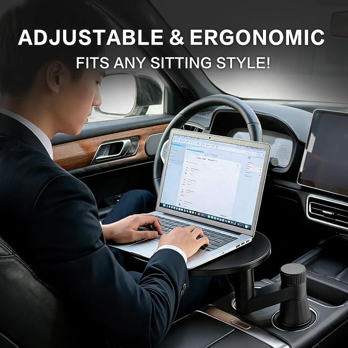 Car Tray Table & Car Desk for Laptop, Dual 360° Rotating Cup Holder Tray, Anti-Slip Leather-Textured Car Food Tray for Eating, Working & Makeup, Compatible with Tesla Model Y/3/S & Most Vehicles