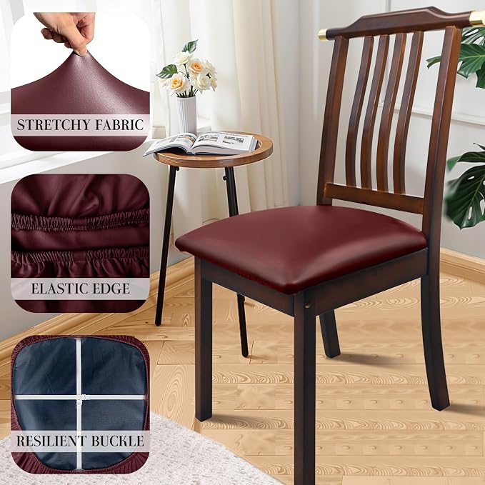 Pu Leather Dining Chair Seat Covers Set of 2, Waterproof Kitchen Chair Covers Stretch Chair Cover for Kitchen/Dining Room/Hotel, Tasteless seat Covers for Chairs (Wine Red - 2 PCS)