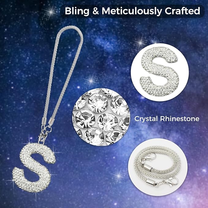 Bling Car Letter Charm, Rear View Mirror Ornament Cute Hanging Crystal Pendant Bling Car Accessories, Lucky Diamond Rhinestone Women Charm Auto Decoration (White S)