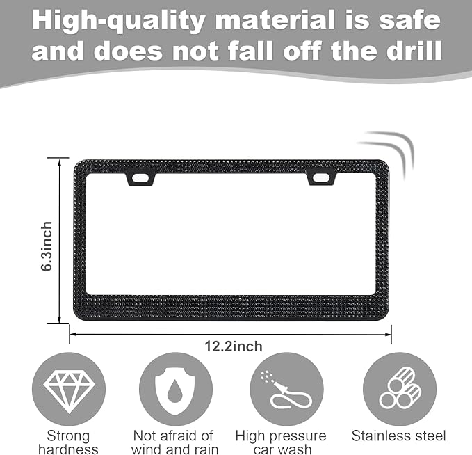 QUANQIUFEI Bling License Plate Frames for Women, Sparkly Rhinestone Diamond Car Accessories with Glitter Crystal Caps (1 Pack Black)