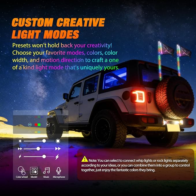 Nilight 2PCS 3FT RGB LED Whip Light with Spring Base and 4 PCS Rock Lights Combo, Remote App Control w/DIY Chasing Patterns Turn Signal Brake Reverse Antenna Lighted Whips for ATV UTV Polaris RZR Jeep