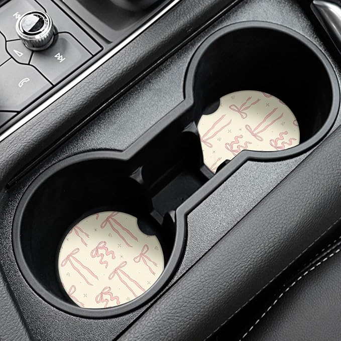 Cute Bowknot Car Coasters,Absorbent 2 Pack for Cup Holders with Finger Notch,2.56 inches Ceramics Heat Resistant Anti Slip Cork Base Car Drinks Coasters Auto Cup Holder