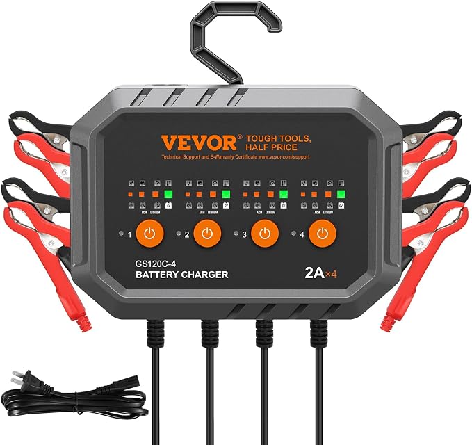 VEVOR Smart Battery Charger, 2A x 4, LiFePO4 Lead-Acid (AGM/Gel/SLA) Car Battery Charger, Fully-Automatic Charger Maintainer Desulfator for Boat Motorcycle Lawn Mower Golf Cart Marine Deep Cycle