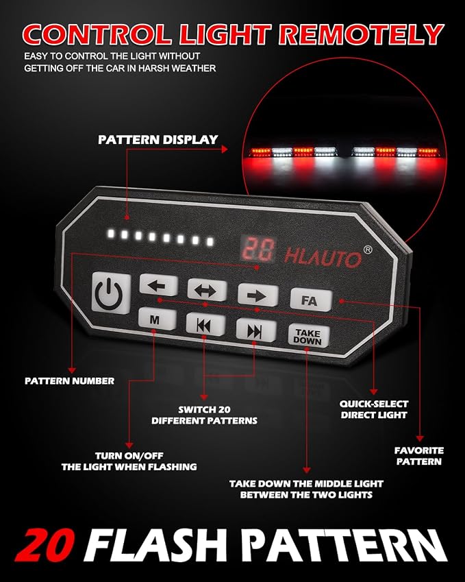 HLauto 604N Emergency Dash Strobe Lights: 2x16.8 inch Red White Security Light w/Take Down, 48 LED Safety Flashing Warning Hazard Interior Windshield Light Bar for Trucks Vehicles