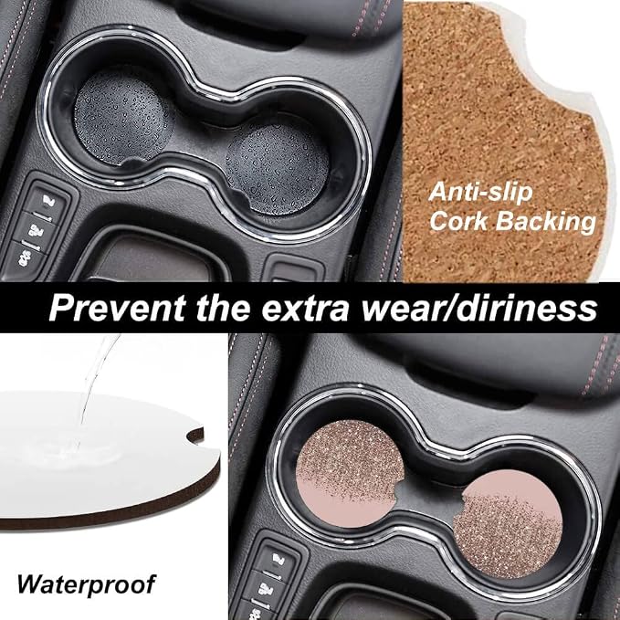2 Pack Absorbent Car Coasters for Cup Holders,Ceramic Coasters with Cork Back and Finger Slot,Fashion Cupholder Accessories to Keep Your Car Cup Holders Clean and Dry 2.56"(Blush Rose Gold Pattern)