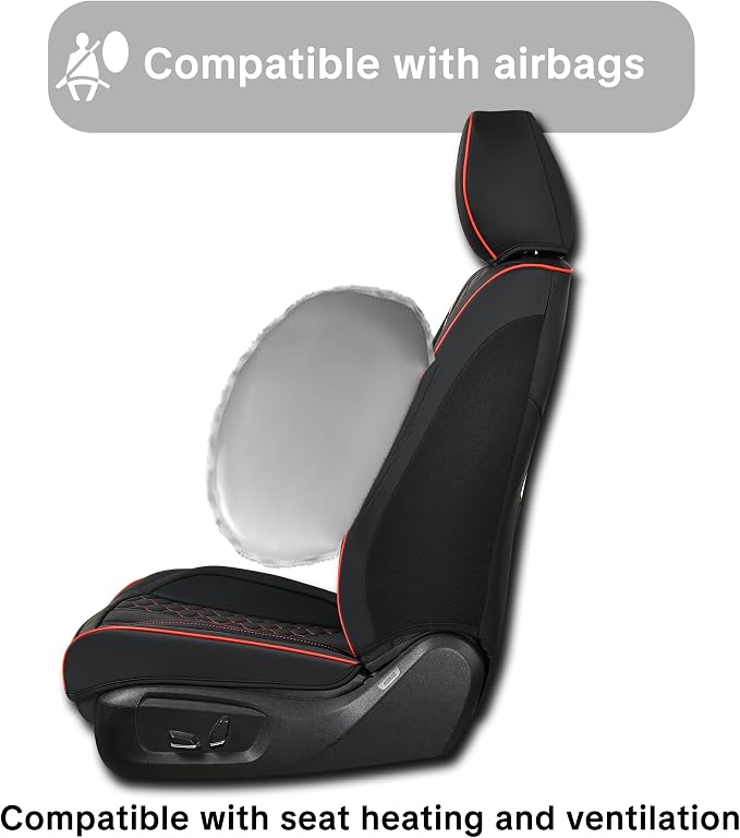 Black and Red Leather Car Seat Cover Set, with Lumbar Support | OEM-Inspired Interior Upgrade