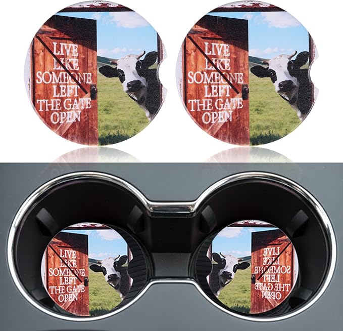 2 Pack Cow Car Print Car Coasters for Men Women Car Cup Holder Coasters, 2.63 Inch Anti Slip Ceramic Absorbent Coaster with Cork Base and Finger Notch, Cute Fun Car Accessories Interior