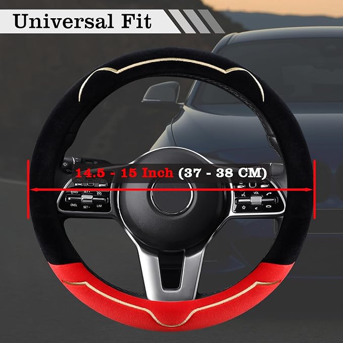 Cat Ears Plush Steering Wheel Cover,Universal 14.5-15 Inch Winter Plush Warm Steering Wheel Cover, Soft Fluffy, Anti-Slip Design, Soft Texture (Black+Red)