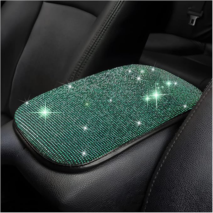 Bling Center Console Cover, Diamond Fashion ArmRest Pad, Crystal Soft Arm Rest Protective Cushion, Car Accessories for Women Girls, 11.8"×8.5" for Most of Vehicles, SUVs, Trucks (Black&Green)