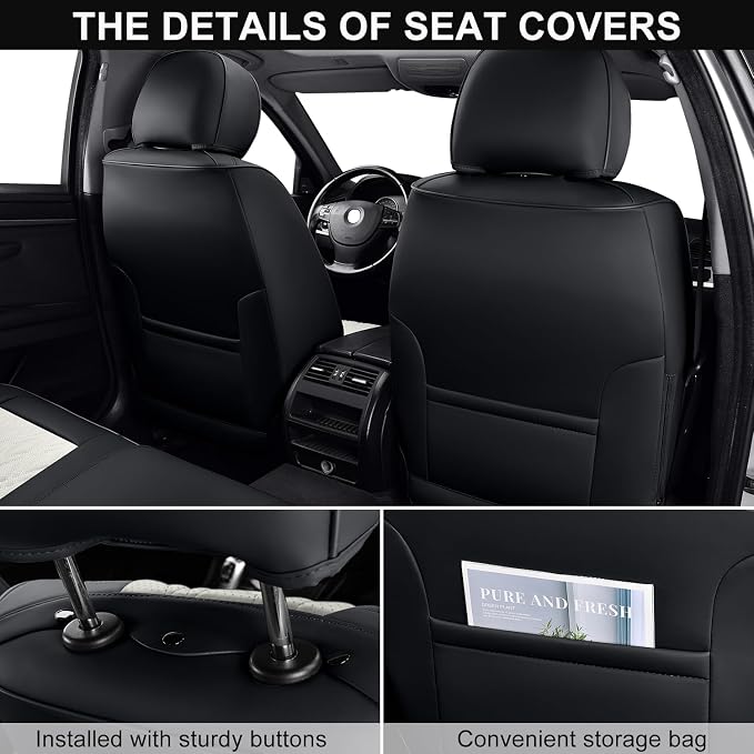 Car Seat Covers Full Set, Breathable Leather Automotive Front and Rear Seat Covers & Headrest, Universal Automotive Vehicle Seat Cover for Most Sedan SUV Pick-up Trucks, Black&Beige
