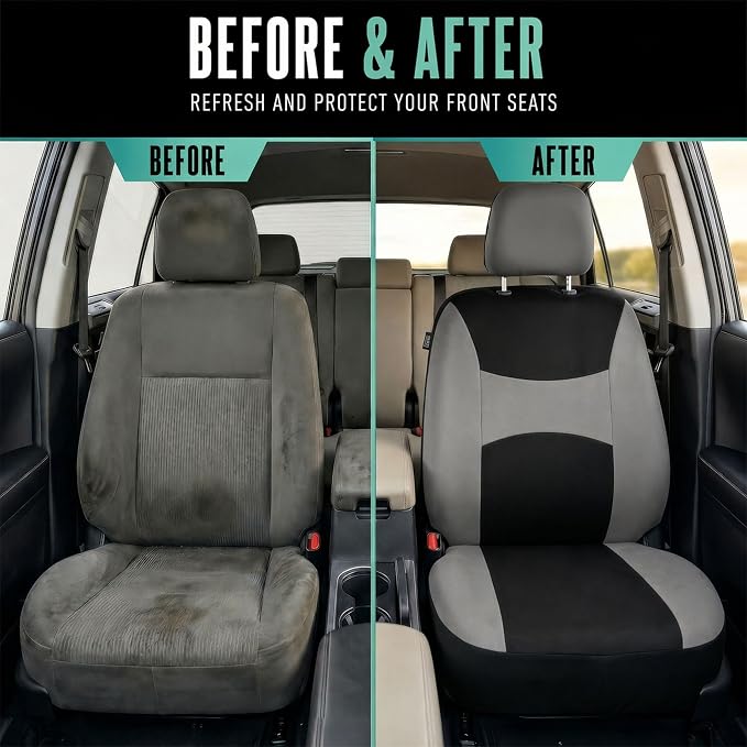 FH Group Universal Fit Gray Black Automotive Seat Covers Combo Set with Steering Wheel Cover and Seat Belt Pad fits Most Cars, SUVs, and Trucks (Airbag Compatible and Split Bench)