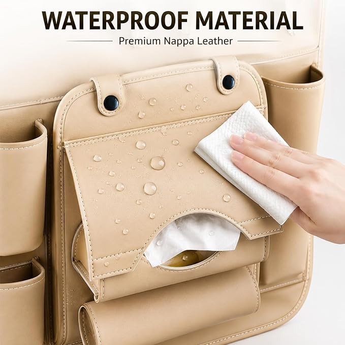 Backseat Car Organizer with Tray, 2 Pack Leather Seat Storage, Cream | Foldable Tray Table,Trash Can Pocket,Kick Mat Protector,Easy-Clean Leather,2 Pack for Front Seats