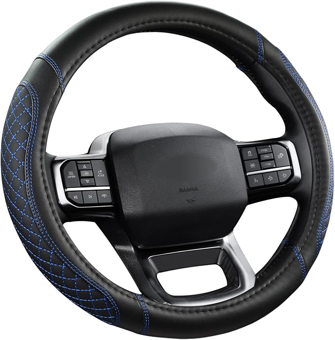 West Llama Customized Auto Car Steering Wheel Cover for Ford F-150, F-250, F-350, Expedition(Diamond Quilted - Black+Blue)