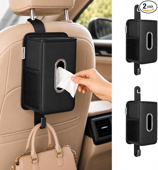 Witaxima 4 in 1 Car Tissue Holder 2 Pack with Headrest Hooks, Small Trash Can & Seat Back Organizer, PU Leather Tissue Box Cover for 120 Tissues, Trash Pockets & Hook Set, Keep Car Tidy，Black