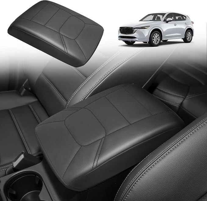 Muslogy Center Console Armrest Cover Fit for Mazda CX-5 2017-2025 2026 Accessories, Comfort Armrest Pad Console Lid Cushion Vegan Leather Regular Thick(Black/Black Trim)