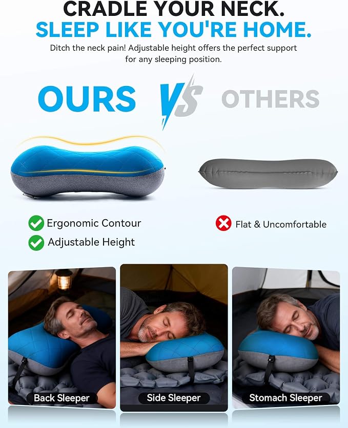 Hikenture Camping Pillow with Removable Cover, Ultralight Inflatable Pillow | Ergonomic Neck Lumber Support, Upgrade Leakproof Backpacking Pillow, Portable Packable for Hiking, Beach, Travel