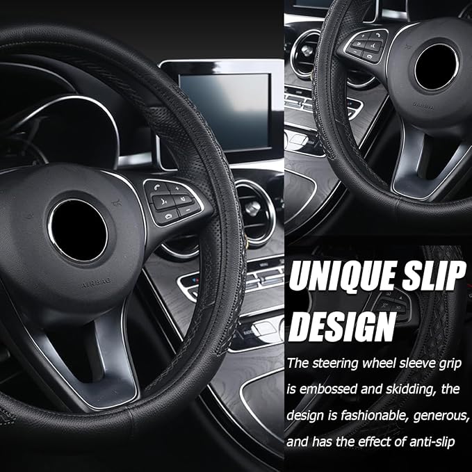AUCELI Car Steering Wheel Cover, 14 1/2-15 inch Non-Slip Soft Breathable Leather Automotive Steering Wheel Protecteor, Vehicle Accessories for Men Women, Universal for SUV, Truck, RV（Black）