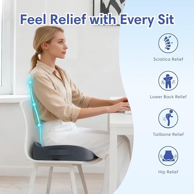 Large Memory Foam Seat Cushion for Office Chair, Car, Truck & Wheelchair - Sciatica, Coccyx & Tailbone Pain Relief Cushion for Long Sitting & Driving