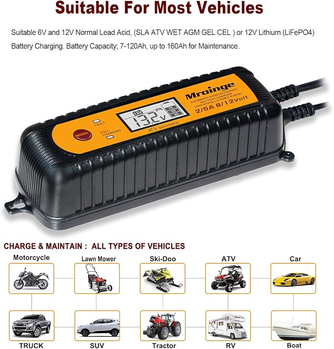 Smart Battery Charger, Mroinge 5A 6V/12V Automatic Battery Charger/Maintainer/Desulfator for Cars, SUVs, Trucks and More, Suitable for Charging Lead-Acid & Lithium (LiFePO4) Batteries