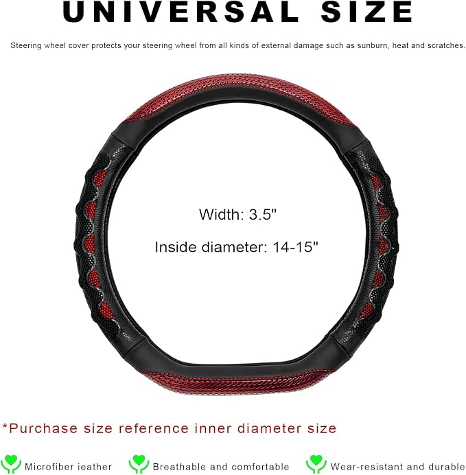 Car Steering Wheel Cover, Anti-Slip Breathable Steering Wheel Protector with 3D Honeycomb Design, Sporty Elastic Protective Cover for 14.5-15 Inch Flat Bottom Steering Wheels (Red)