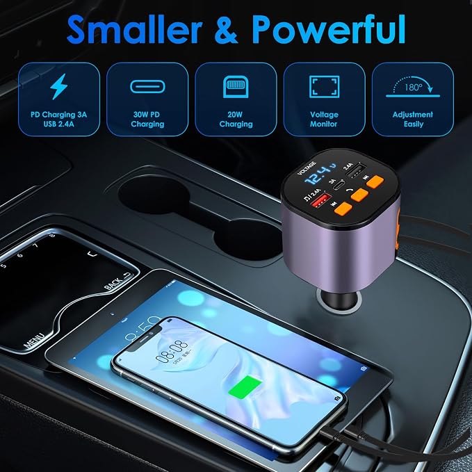 Retractable Car Charger,5 in 1 Fast Cars Phone Charger 90W,Bluetooth 5.3 FM Transmitter Adapter,Handsfree Call,2 Retractable Cables and USB Chargers for iPhone17/ 16/15/14/13/Samsung