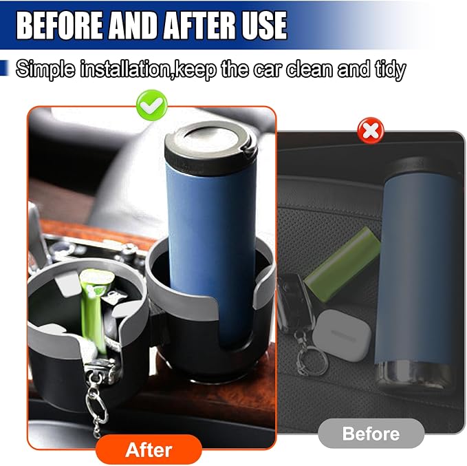 Car Double Cup Holder Extender, Multifunctional 2-in-1 Auto Drink Holder Insert with Adjustable Base, Portable Cup Holders Adapter, Universal Car Beverage Organizer for Bottle, Snack (Grey)