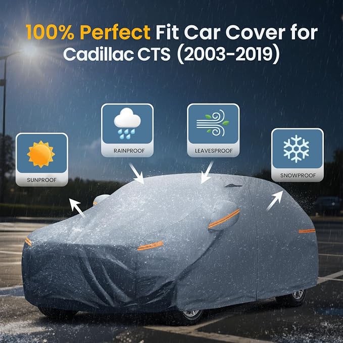 Waterproof Cadillac CTS/CTS-V(2003-2019) Car Cover with Breathable Vents, [Upgrade] Premium Covers with Cotton Liner and Zipper Door,Sun Rain Snow Dust Uv Protection.(Gift with Towel)