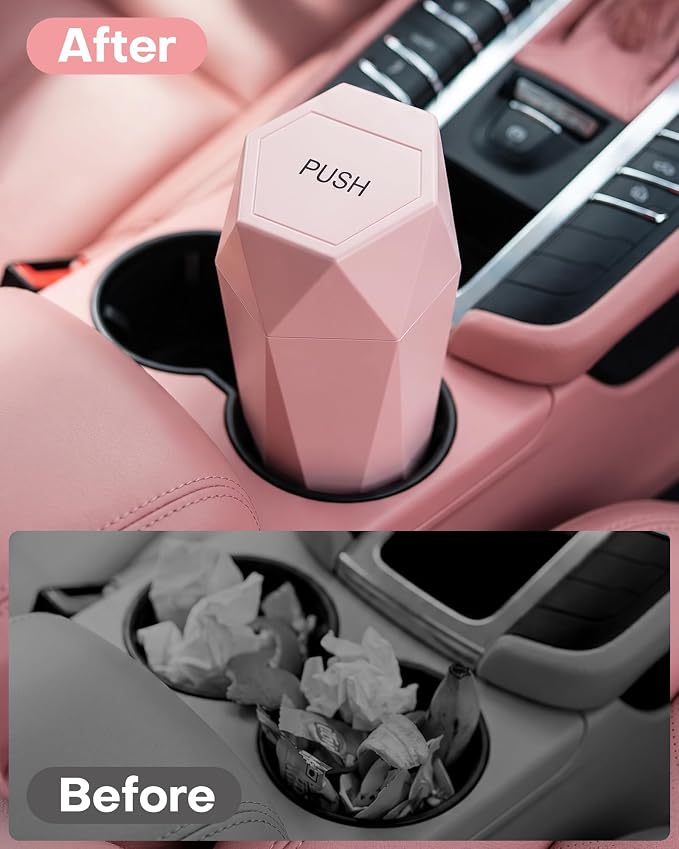 HOTOR Car Trash Can with Lid - 1 Pack, Car Accessories for Interior, Leakproof Vehicle Garbage Can with 15 Attached Trash Bags, Multipurpose Organizers and Storage for Home, Office, Pink