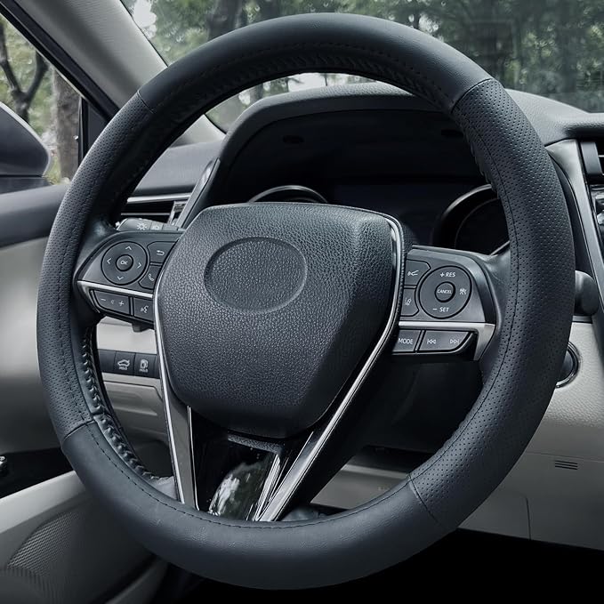 Steering Wheel Cover Small Size 14-14.25 inch, Non-Slip Car Wheel Protector for Prius Civic Model 3 Model Y Camaro, Non-Folding Packaging, Microfiber Leather, Black
