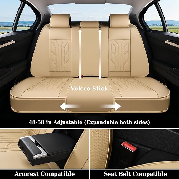 Coverado Car Seat Covers Full Set, Automotive Seat Covers Car Seat Protector Car Seat Cushion, Waterproof Leather Seat Covers for Cars, Universal Fit for Most Sedans SUV Pick-up Truck(Beige)