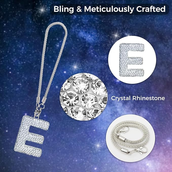 Bling Car Accessories for Women Letter Charm, Rear View Mirror Ornament Cute Hanging Crystal Pendant Girl Car Decorations, Lucky Diamond Rhinestone Girly Charm Interior (White E)