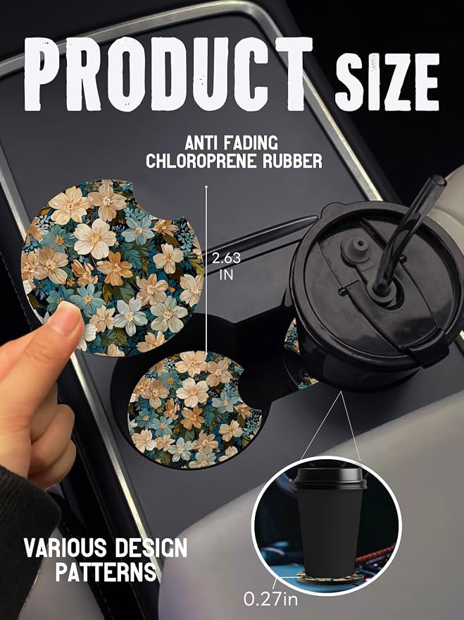 Car Cup Coasters,2 Pack Car Coaster,2.75inch Anti Slip and Absorbent Cars Coasters for Cup Holders,Neoprene Car Accessories for Women,Cute Decor for Women(White-Blue Flowers)