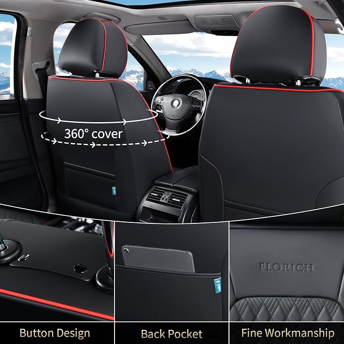 FLORICH Seat Covers, Car Seat Covers Full Set, Luxury Nappa Leather Seat Covers, Breathable and Waterproof Car Seat Protector 5 Seat, Automotive Seat Covers Universal Fit for Most Cars-Black&Beige