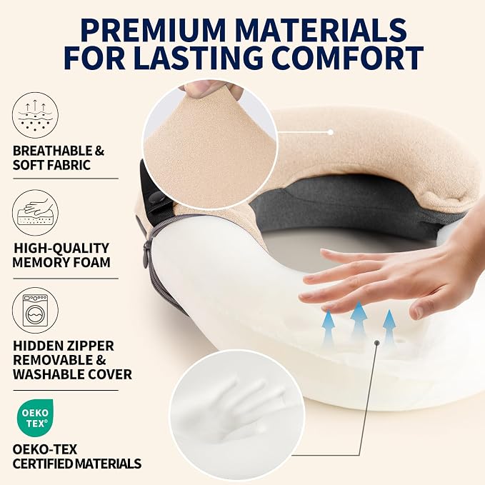 BUYUE Kids Travel Pillows for Airplane, Memory Foam 360° Head Support Sleeping Essentials for Long Flight, Skin-Friendly Soft Neck Pillow for Traveling in Car Seat, (Small, Beige Grey, 40-90 lbs)