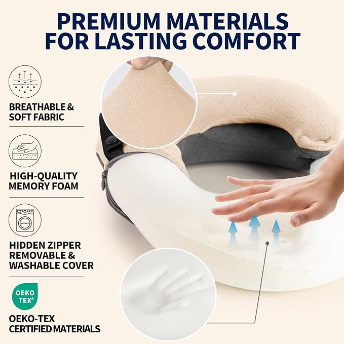 BUYUE Travel Neck Pillows for Airplanes, Memory Foam 360° Head Support Sleep for Long Flight, Skin-Friendly & Breathable, Kit with Eye Mask, Earplugs and Storage Bag (Adult, Beige, 90+ lbs)